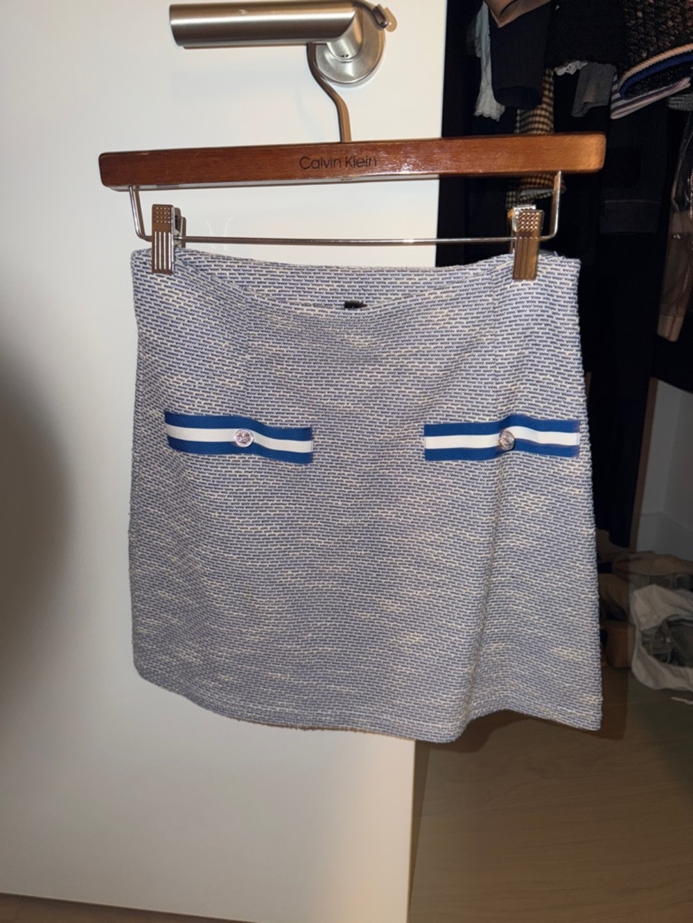 Aqua Blue and White Tweed Mini Skirt with Ribbon Pocket Trim